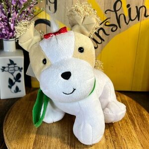 Expressions Hallmark Holiday Pup 7” White Beige Green Scarf Red Bow Plushy Pup